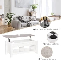 Tavolino Rettangolare con Piano sollevabile, 2 Ripiani, in Truciolato 105x50x49 cm, Bianco