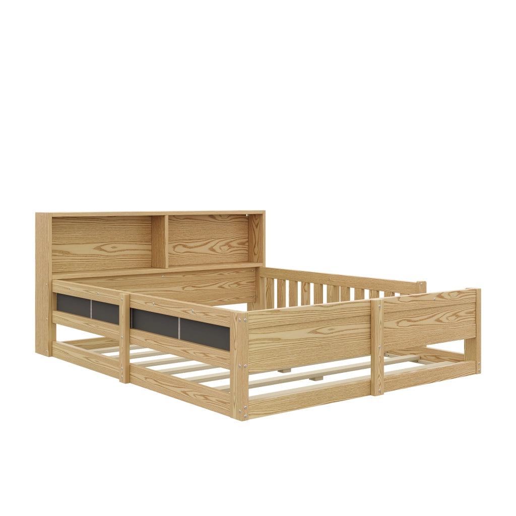 Letto per bambini 140 × 200 cm con sponde di sicurezza, testiera contenitore et LED, senza materasso, naturale