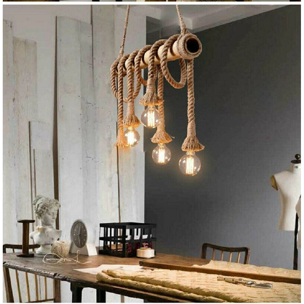 Trade Shop - Lampadario Sospensione Con Corda In Canapa 4 Portalampada E27 Stile Country B23 -