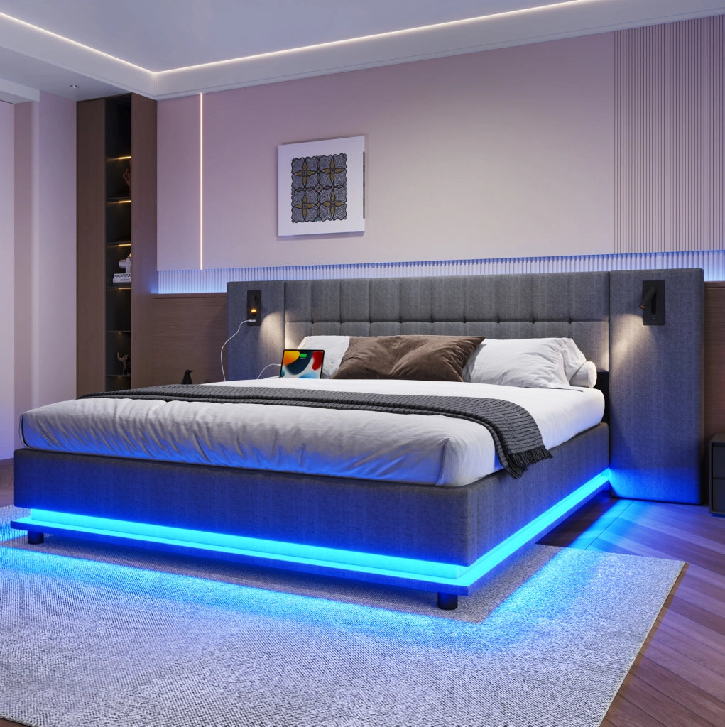 Letto imbottito 180 x 200 cm grigio in lino con LED, spot e USB