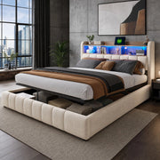 Letto matrimoniale imbottito 180x200 cm con LED; USB e contenitore; in lino beige