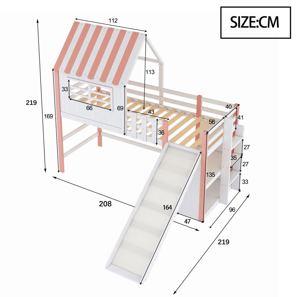 Letto a castello rosa in legno massello e MDF con scivolo e scala di sicurezza 90x200 cm