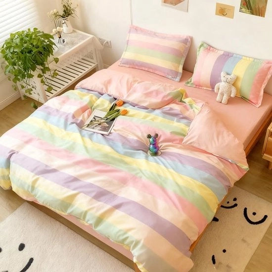 Duvetino per bambina, 135 x 200 cm, colorato, strisce arcobaleno, copriletto con chiusura a zip e cuscino 80 x 80 cm
