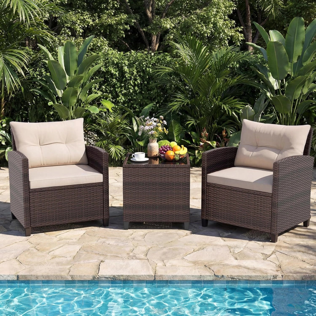Set di Mobili da Giardino, in Rattan, 3 Pezzi Mobiletti, 1 Tavolino + 2 Poltrone, Salottino da Esterno, con Cuscini per Balcone, Giardino, Cortile, Terrazza, 3 Colori (Bianco)