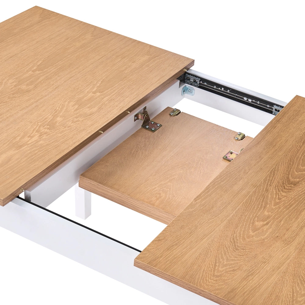 Tavolo da pranzo allungabile con piano in legno di pino chiaro e bianco, 120/150 x 90 cm, con prolunga a farfalla
