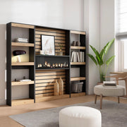Libreria scaffale, 230x25x186cm, Soggiorno, Ufficio, Camino elettrico, colore Rovere e nero RF2424
