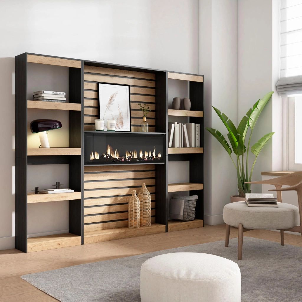 Libreria scaffale, 230x25x186cm, Soggiorno, Ufficio, Camino elettrico, colore Rovere e nero RF2424