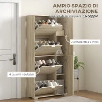 Scarpiera con Specchio per 16 Paia di Scarpe, 4 Cassetti a Ribalta e 2 Armadietti, 82x30x168cm, Rovere