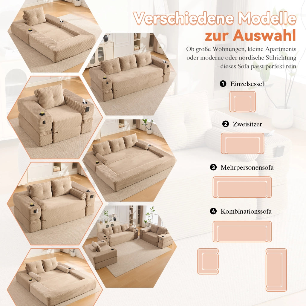 Divano letto in velluto a coste con cuscini in memory foam, tasche laterali e portabicchieri, kaki 122 × 98 × 80 cm