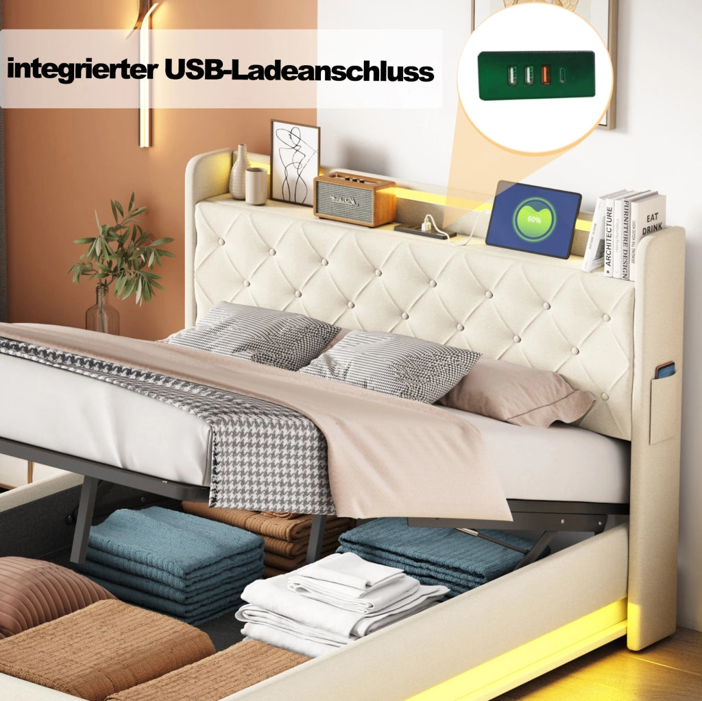 Letto matrimoniale 140x200 cm imbottito con contenitore idraulico; LED e USB; beige