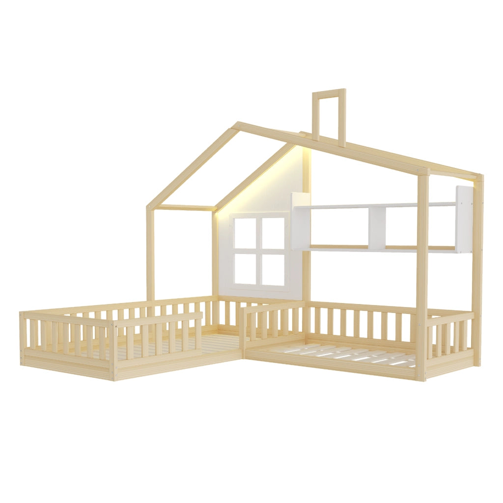 DESMIU Letto Bambino Singolo con Sponde, Mensole e LED, 90 × 200 cm e 140 × 70 cm, Senza Materasso