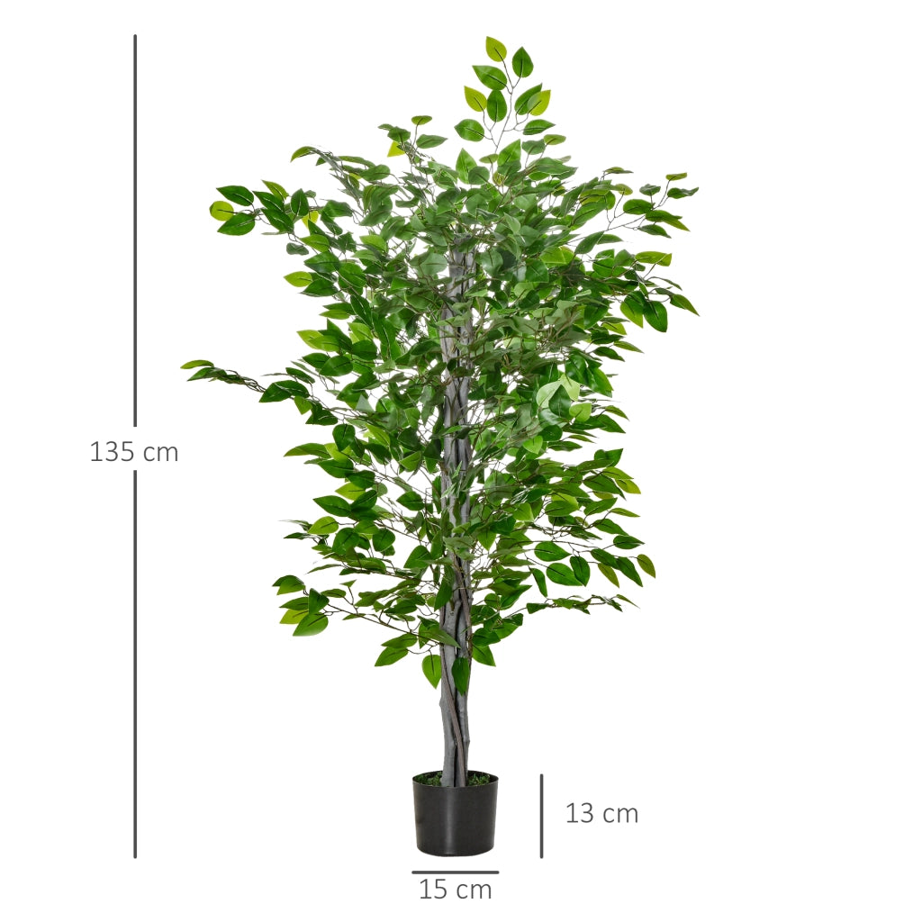 Grande albero di ficus artificiale, 135 cm, pianta artificiale, pianta di ficus artificiale in plastica in vaso, albero artificiale con cemento, erba