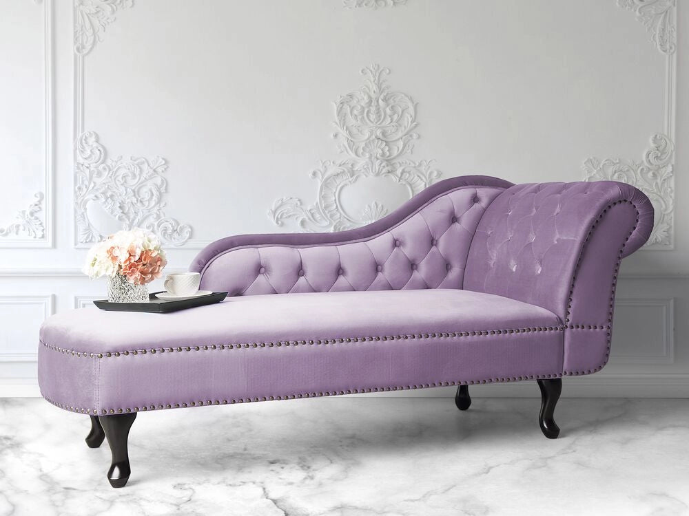 Chaise Longue in Velluto color Viola Versione Destra Stile Chesterfield con bottoni