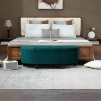 Poggiapiedi con Spazio di Archiviazione, Baule, Imbottito, Coperchio con Chiusura Ammortizzata, Tessuto Effetto Velluto, 120 x 46 x 42 cm, Verde Scuro