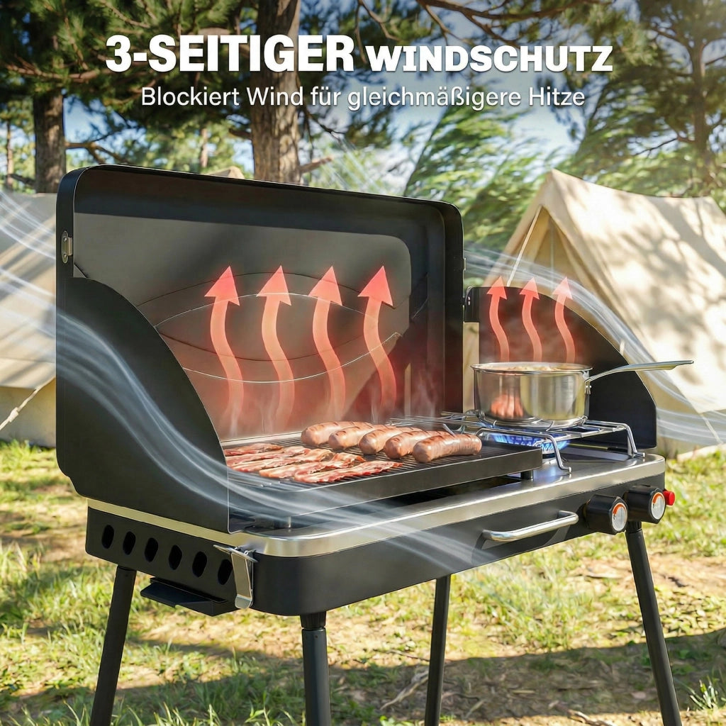 Grill a gas portatile 2 bruciatori ¨C zephmum ¨C 2-in-1 tavolo con coperchio e vento