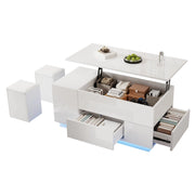 Tavolino da salotto 100x50x45 cm; sollevabile fino a 59 cm con LED e spazio contenitore; truciolato bianco