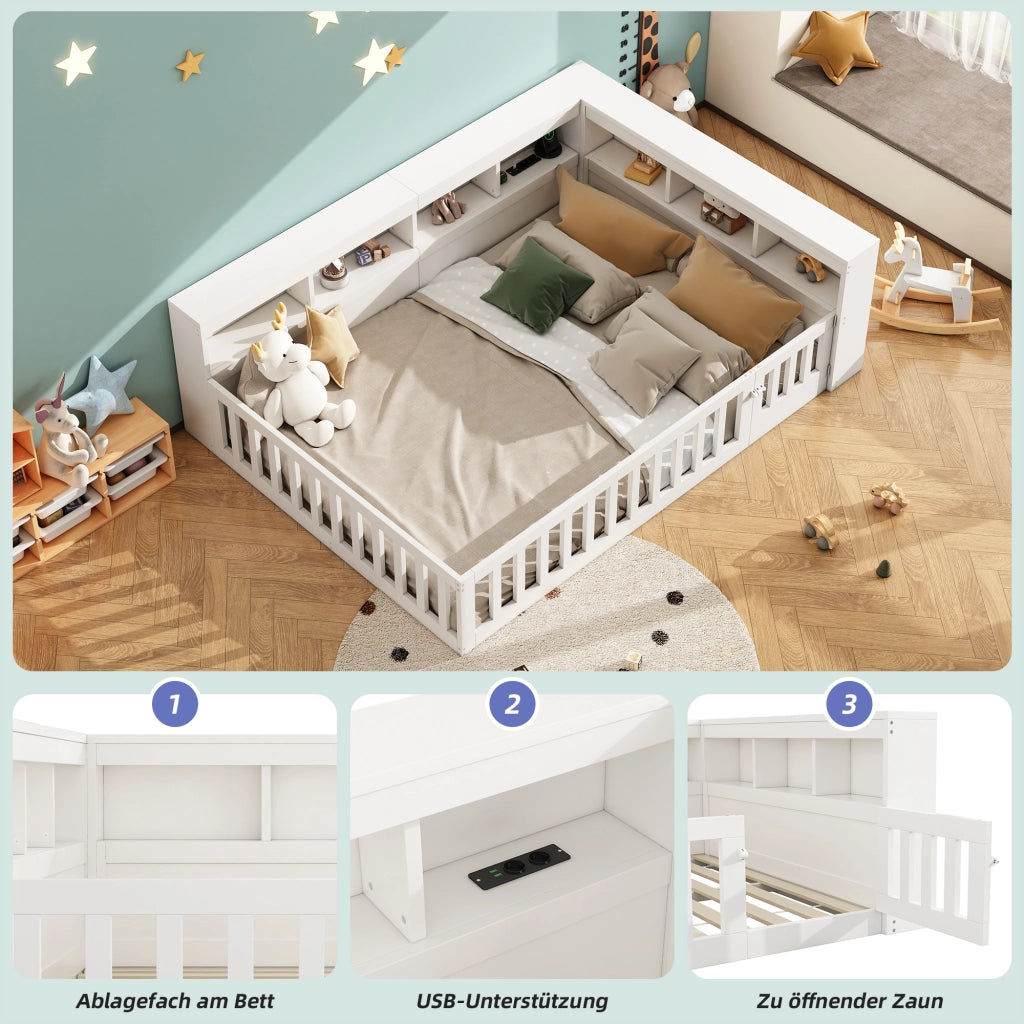 OKWISH Letto a Divano 140×200 cm, Letto Matrimoniale con Prese, USB, Vano Contenitore e Sponda Scorrevole, senza Materasso, Bianco