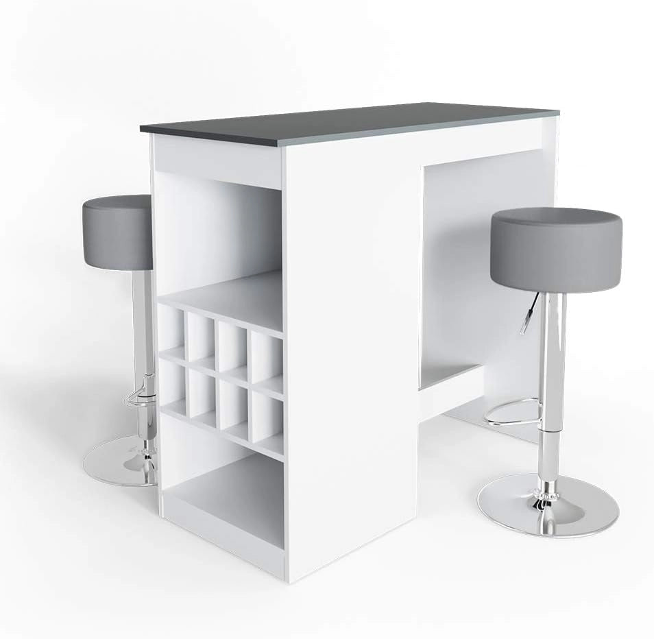 Tavolo bar con sgabelli Ross, Bianco/antracite, 115 x 50 cm con 2 sgabelli da bar, adatto come tavolo da pranzo o in piedi con vani a giorno