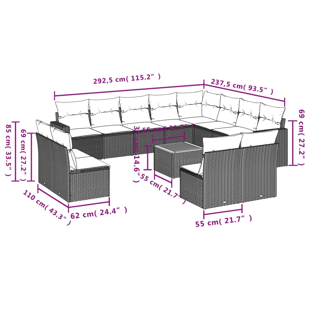 Set Divano da Giardino 13 pz con Cuscini Beige in Polyrattan