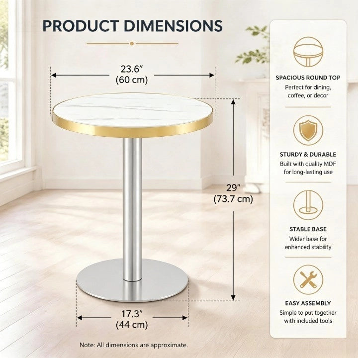Tavolo da pranzo - rotondo - effetto marmo - bordo oro - base nera/oro/argento - versatile