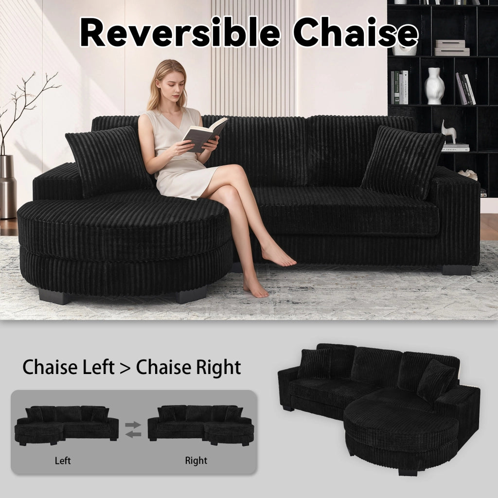 Divano angolare modulare in velluto a coste con pouf ovale reversibile e 2 cuscini nero 256,5 × 133,5 × 89 cm
