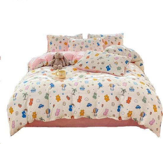 Set da letto in tessuto 100% poliestere - orso con pallone di aria calda rosso - copertina da letto 150 x 200 cm - lenzuolo 200 x 230 cm - cuscino 48 x 74 cm