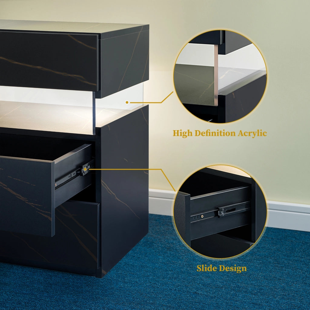 Comodino con 3 cassetti e LED con pannello acrilico per camera da letto e soggiorno; in legno ingegnerizzato; nero e oro