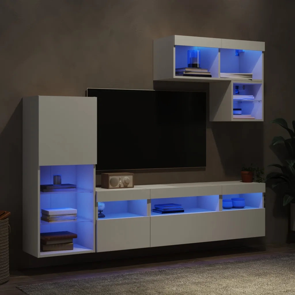 Mobili TV a Muro con LED 6pz Bianchi in Legno Multistrato 3216732