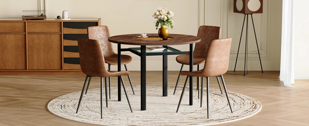 Tavolo da pranzo rotondo con piano in MDF, inserto in vetro e ripiano in vetro, per soggiorno e cucina aperta