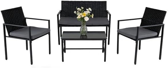 Set di Mobili da Giardino in Rattan per 4 Persone, Composto da 2 Poltrone e Tavolo in Vetro Temperato, Mobili Multiuso per Balcone, Terrazza e Veranda