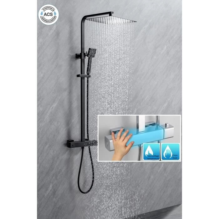 Colonna doccia OCEANIC - Miscelatore termostatico corpo freddo - Soffione doccia alto quadrato 30x30 cm - Nero opaco