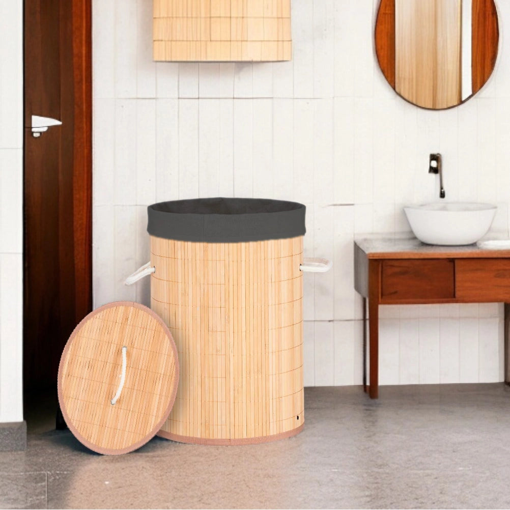 Cesta Porta Biancheria in Bambù con Coperchio e 2 Manici Capacità 48 L Colore Nero