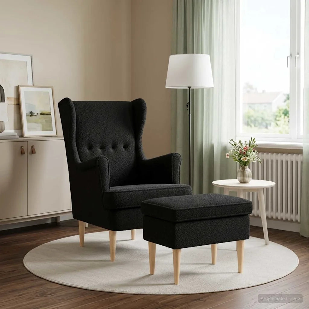 Poltrona con Ottomano 2 pz Nero Bouclé 3418837