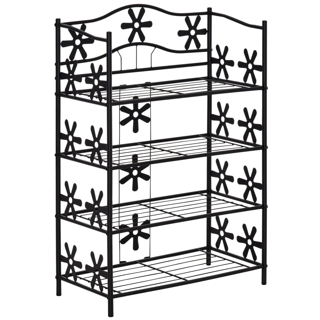 Scaffale in metallo nero a 4 ripiani con decorazioni floreali