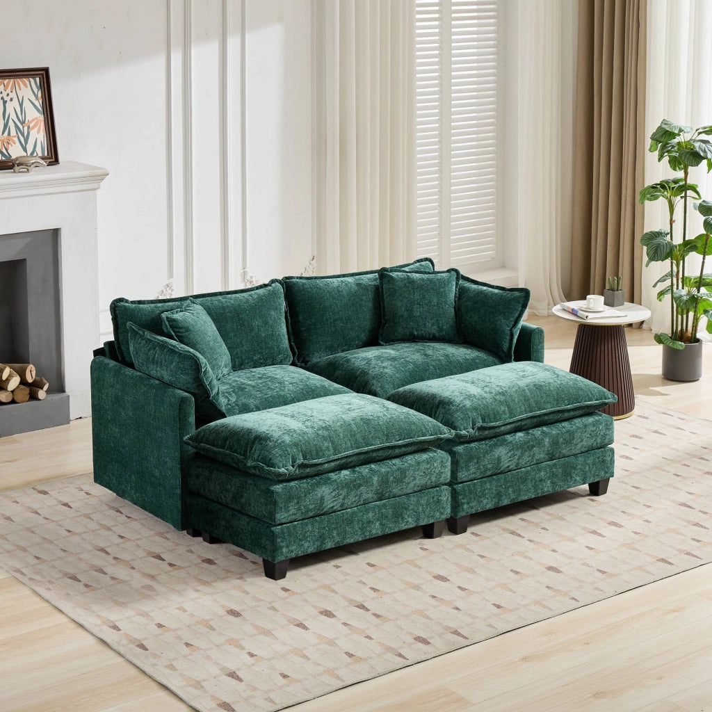 Divano modulare in ciniglia con cuscino ergonomico e seduta a doppio strato, verde per soggiorno e appartamento