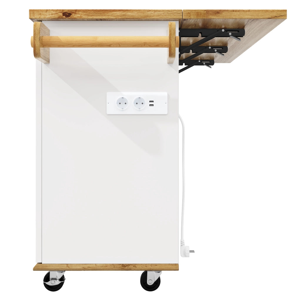 Carrello da Cucina con Piano Pieghevole e Presa Elettrica ¨C MINIMAL ¨C Bianco effetto legno, con Ruote, 70kg