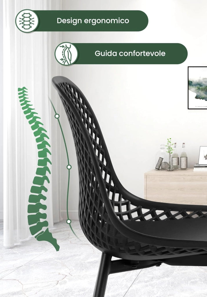 Confezione da 4 Sedie da Pranzo Sedie da Cucina con Gambe in Metallo Schienale Curvo con Design Ritagliato Seduta in PP di Alta Qualità, Sedie da Salotto e da Camera da Letto, Nero K0023EZS-4