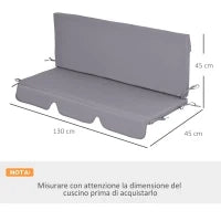 Cuscini da Esterno per Dondolo da Giardino 3 Posti con Lacci, 2 Pezzi da 130x45x5 cm, Grigio