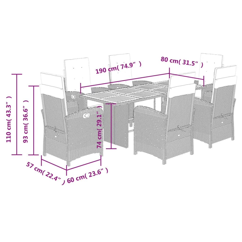 Set da Pranzo da Giardino 7 pz con Cuscini Beige in Polyrattan 3212508
