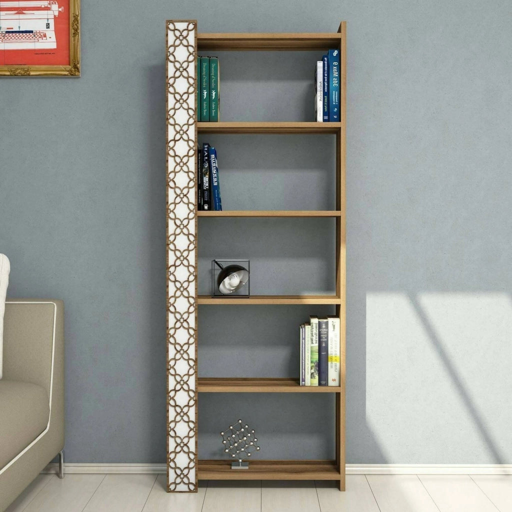 Libreria Vele, Scaffale da ufficio, Mobile portalibri, Biblioteca, 65x24h170 cm, Noce e Bianco