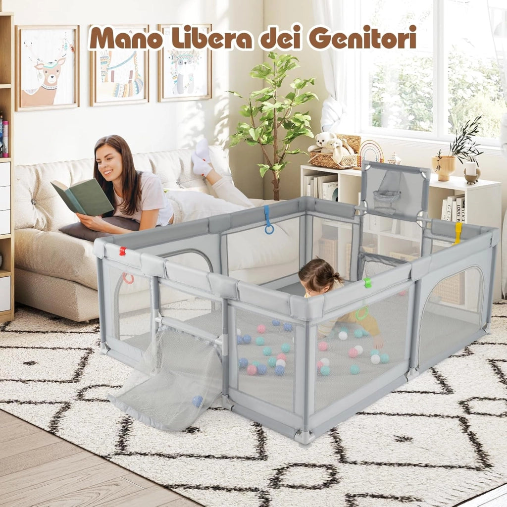 Box Bambini 190 x 160 cm, Recinto Pieghevole Bambini con Canestro da Basket, 2 Porte da Calcio, 50 Palline e 4 Anelli, Centro Attività con Borsa Trasporto per Neonati 0-3 Anni