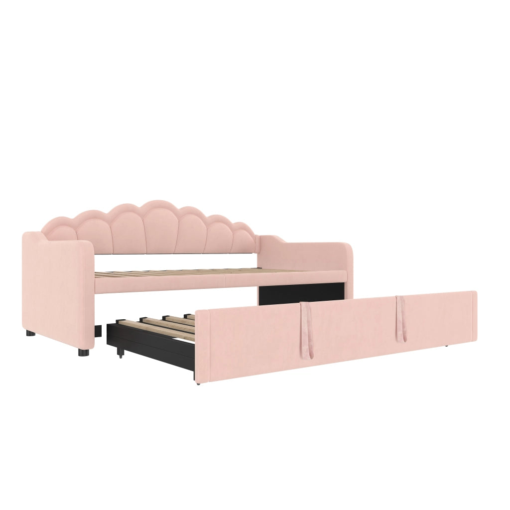 Letto estraibile singolo 90×200 cm e 180×200 cm con LED regolabile; senza materasso; velluto; rosa