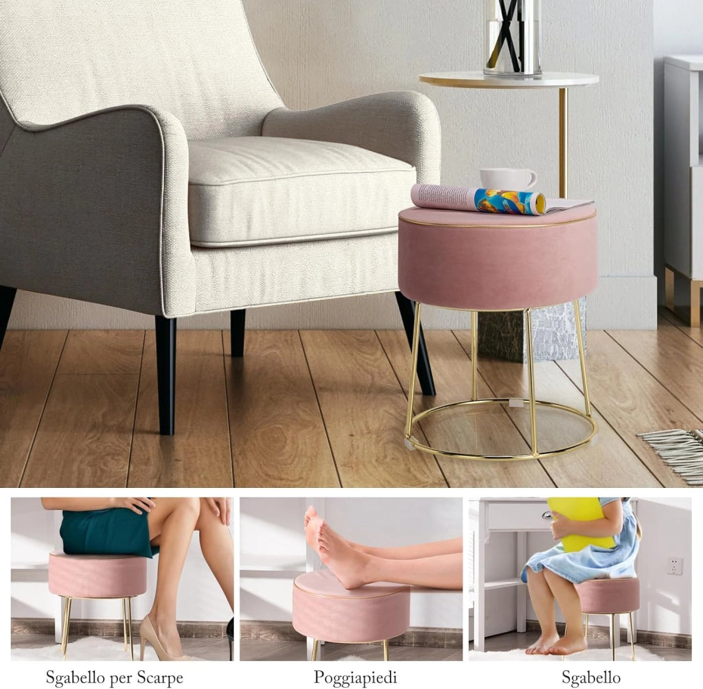 Pouf Rotondo Poggiapiedi 41cm, Sgabello Moderno da Trucco con Base in Metallo, Sedile Imbottito Spesso e Piedini Antiscivolo per Toeletta, Comodino e Divano (Rosa)