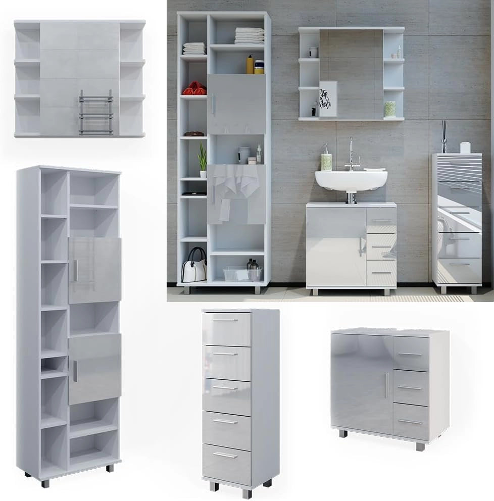 Set mobili bagno Ilias, Bianco lucido, 60 cm, composto da mobile lavabo, pensile a specchio, colonna e base media