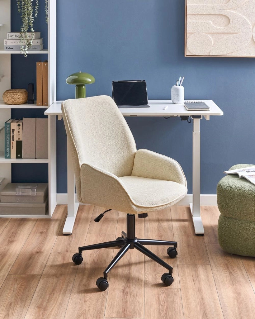 Sedia da ufficio color bianco sporco con rivestimento in finto lino, girevole, da salotto, con regolazione dell'altezza del sedile