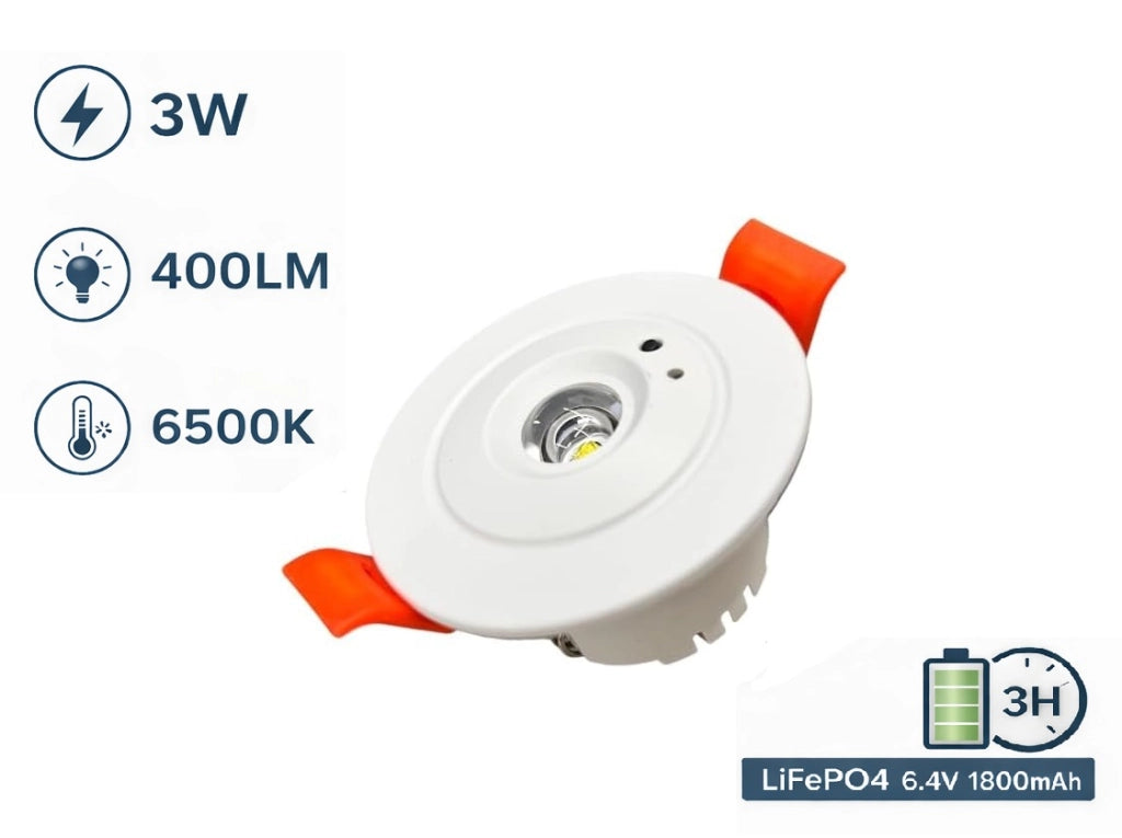 Faretto LED Emergenza da Incasso 3W 400LM COB 6500K Luce Fredda, Batteria 1800mAh, Autonomia 3 Ore, Driver Emergenza Integrato, Lampada Soffitto per Corridoi Scale Uffici