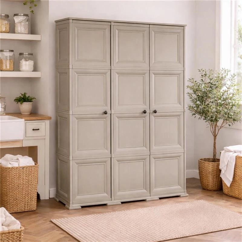 ARMADIO 3 ANTE TAUPE 118X43X164 CM CON PUNTALI E VANO PORTASCOPA – MOBILE ALTO ORGANIZZAZIONE CASA PER INGRESSO E LAVANDERIA