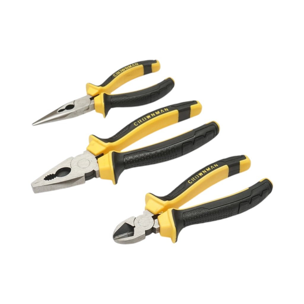 Set di 3 pinze combinate da 200 mm, 165 mm e 165 mm con punta affilata, marca Crownman Professional.