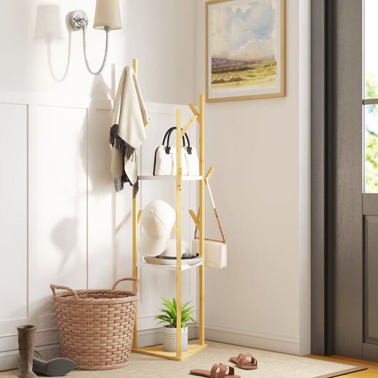 Albero Appendiabiti da Terra 45x45x170 cm con 8 Ganci e 3 Ripiani in Bambù Naturale e Bianco