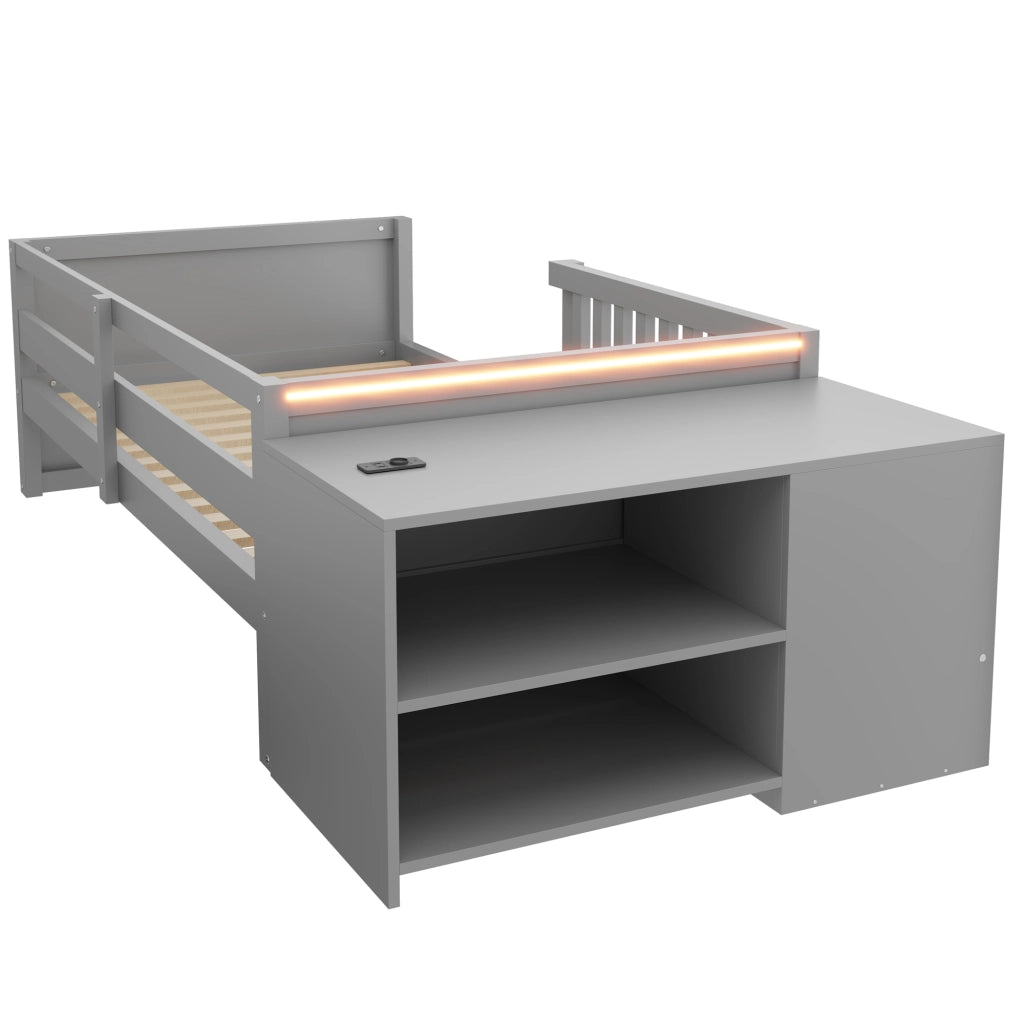 Letto multifunzione per bambini 90x200 cm con scrivania; prese; LED; 2 cassetti; mensole e parapetto; grigio